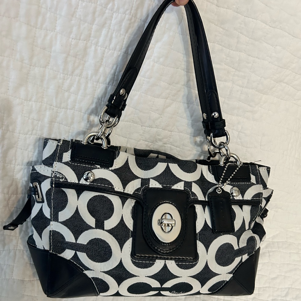 Vintage Coach Peyton Carryall Handbag Black and White Op Art Signature